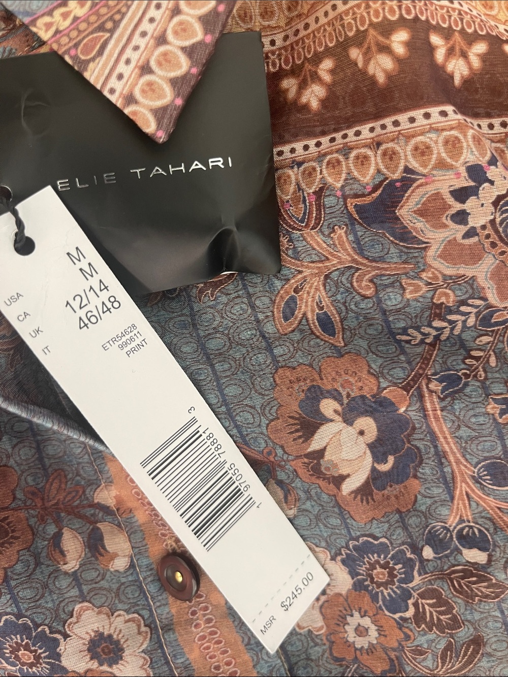 New Elie Tahari Teal, Cream & Brown Printed Button down Blouse Shirt - Picture 10 of 12